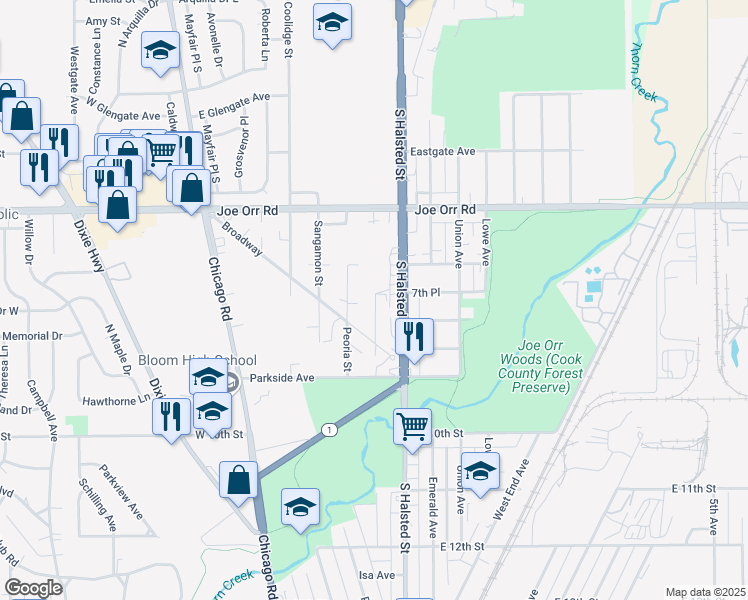 map of restaurants, bars, coffee shops, grocery stores, and more near 165 Broadway in Chicago Heights