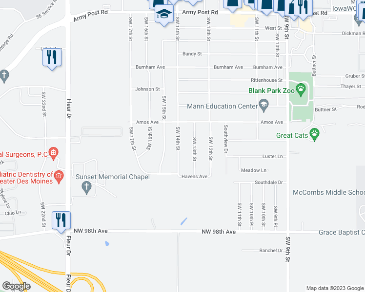 map of restaurants, bars, coffee shops, grocery stores, and more near 7406 Southwest 13th Street in Des Moines