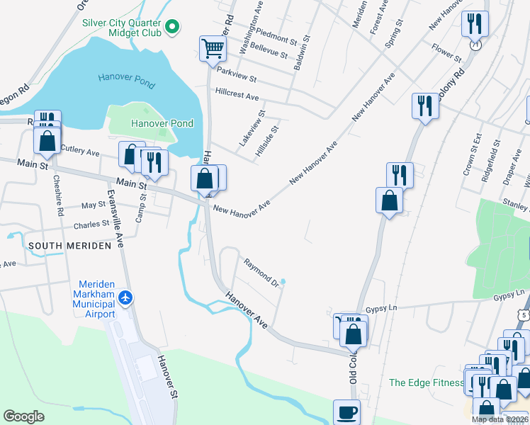 map of restaurants, bars, coffee shops, grocery stores, and more near 530 New Hanover Avenue in Meriden