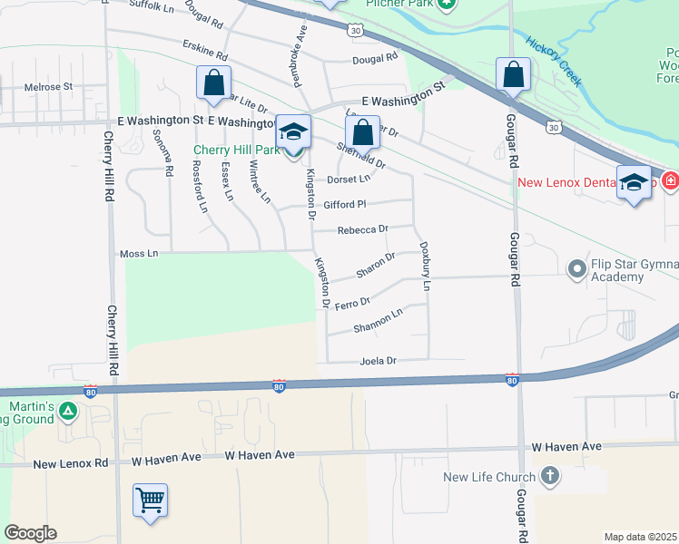 map of restaurants, bars, coffee shops, grocery stores, and more near 2815 Sharon Drive in New Lenox