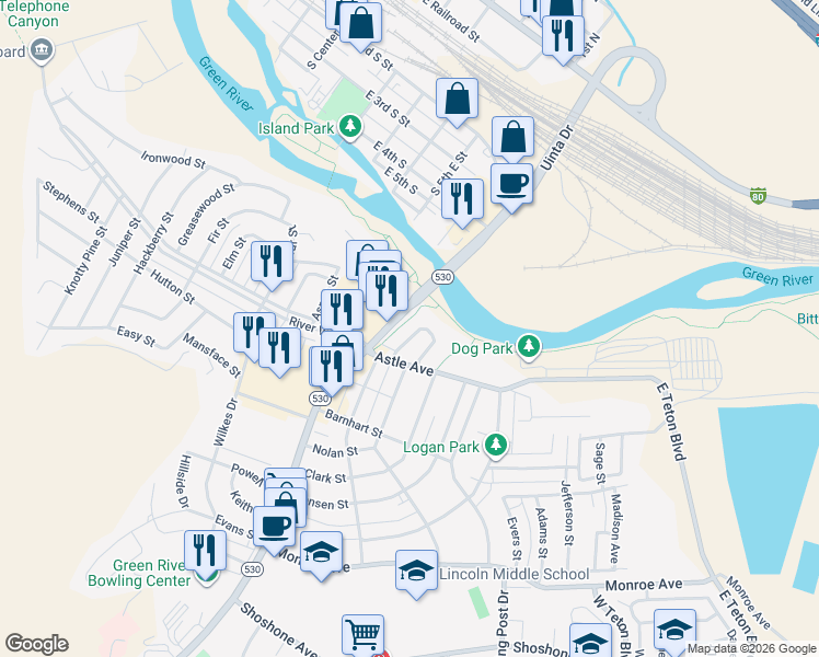 map of restaurants, bars, coffee shops, grocery stores, and more near 398 Hoover Drive in Green River
