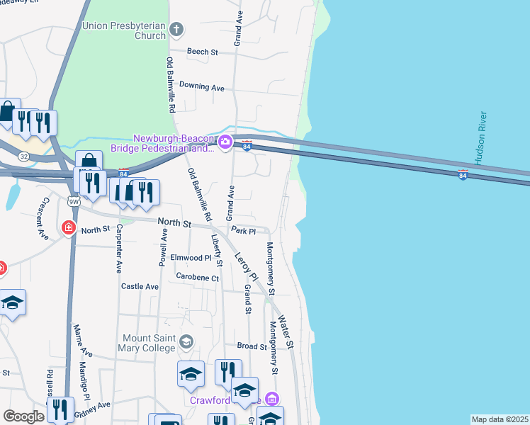 map of restaurants, bars, coffee shops, grocery stores, and more near 14 Park Place in Newburgh