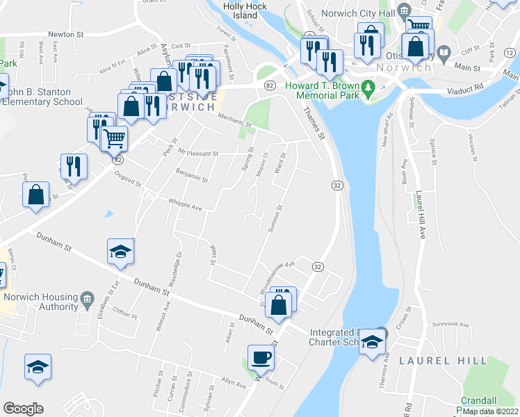 map of restaurants, bars, coffee shops, grocery stores, and more near 115 Summitwoods Drive in Norwich