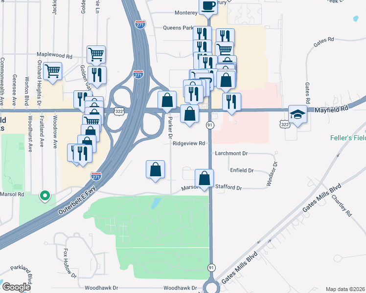 map of restaurants, bars, coffee shops, grocery stores, and more near 231 Rosebury Court in Cleveland