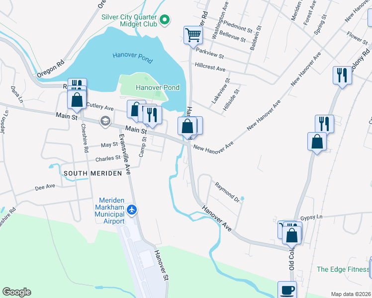 map of restaurants, bars, coffee shops, grocery stores, and more near in Meriden