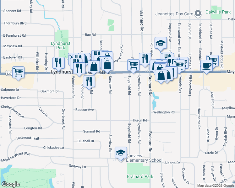 map of restaurants, bars, coffee shops, grocery stores, and more near 1523 Sunview Road in Lyndhurst