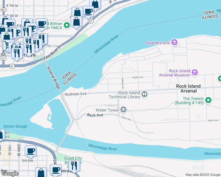 map of restaurants, bars, coffee shops, grocery stores, and more near 333 Rodman Avenue in Rock Island