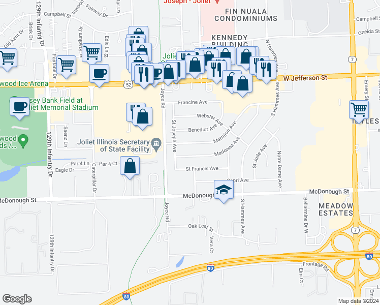 map of restaurants, bars, coffee shops, grocery stores, and more near 2303 Madonna Avenue in Joliet