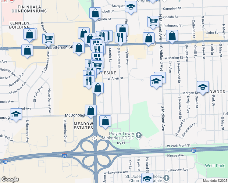 map of restaurants, bars, coffee shops, grocery stores, and more near 218 Morris Street in Joliet
