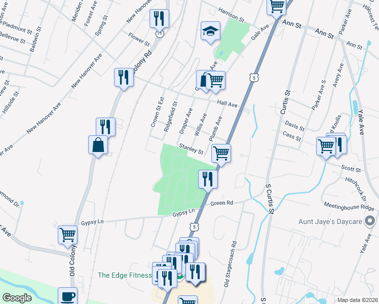 map of restaurants, bars, coffee shops, grocery stores, and more near 96 Draper Avenue in Meriden