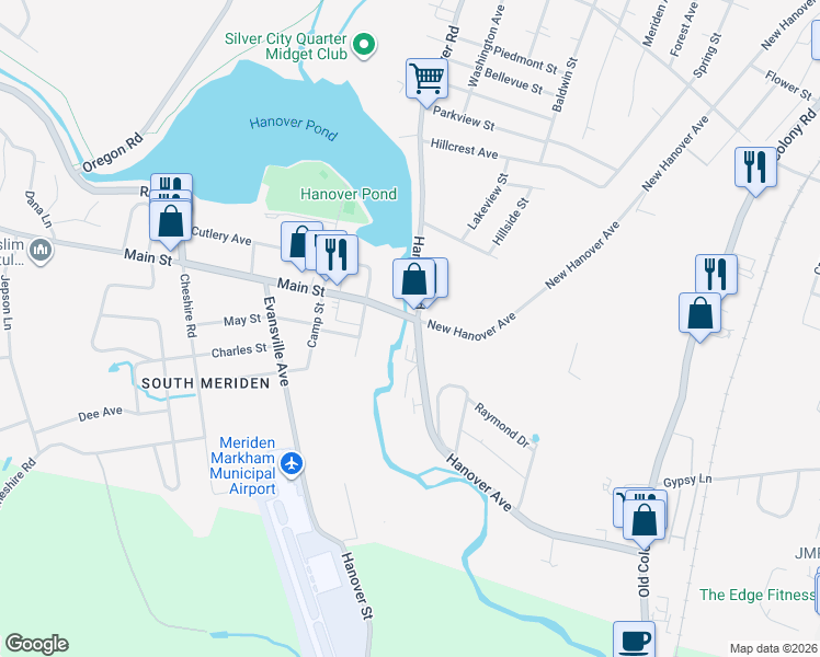map of restaurants, bars, coffee shops, grocery stores, and more near in Meriden