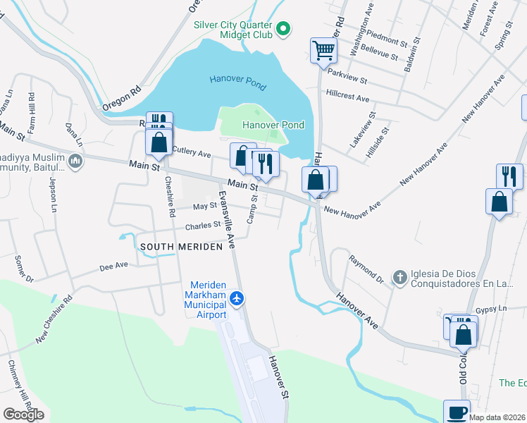 map of restaurants, bars, coffee shops, grocery stores, and more near 74 Connecticut 70 in Meriden