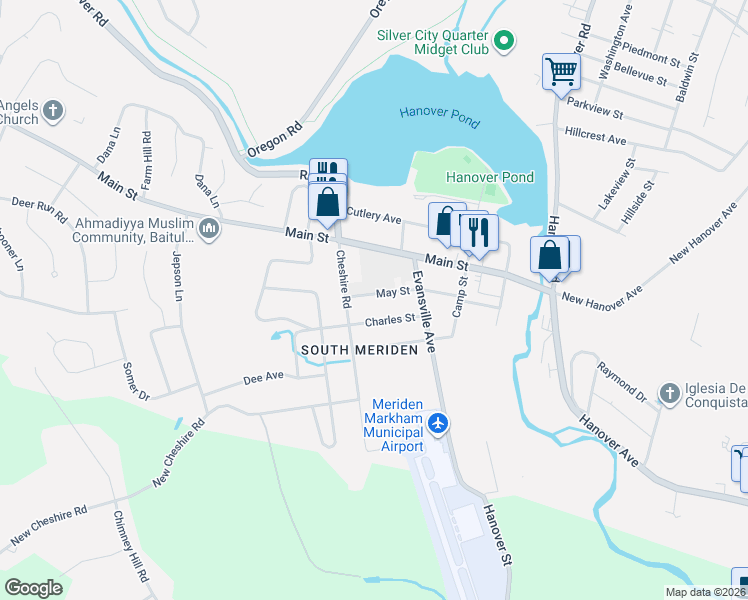 map of restaurants, bars, coffee shops, grocery stores, and more near 15 Evansville Avenue in Meriden