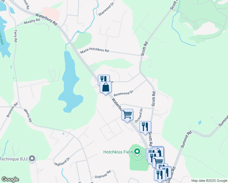 map of restaurants, bars, coffee shops, grocery stores, and more near 10 Oak Lane in Prospect