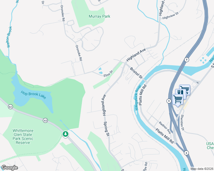 map of restaurants, bars, coffee shops, grocery stores, and more near 135 Elise Drive in Waterbury