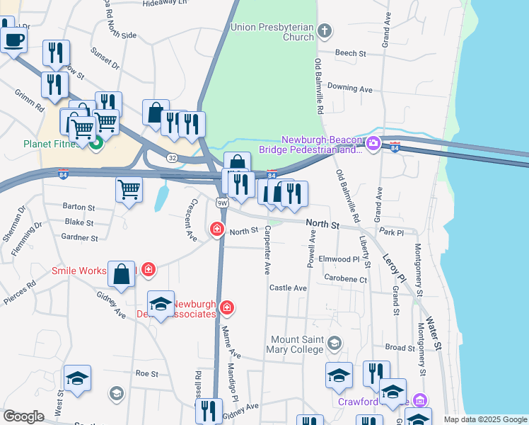 map of restaurants, bars, coffee shops, grocery stores, and more near 6 West Stone Street in Newburgh