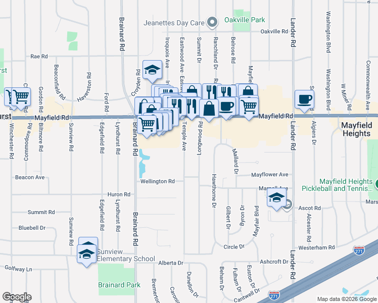 map of restaurants, bars, coffee shops, grocery stores, and more near 1538 Temple Avenue in Mayfield Heights