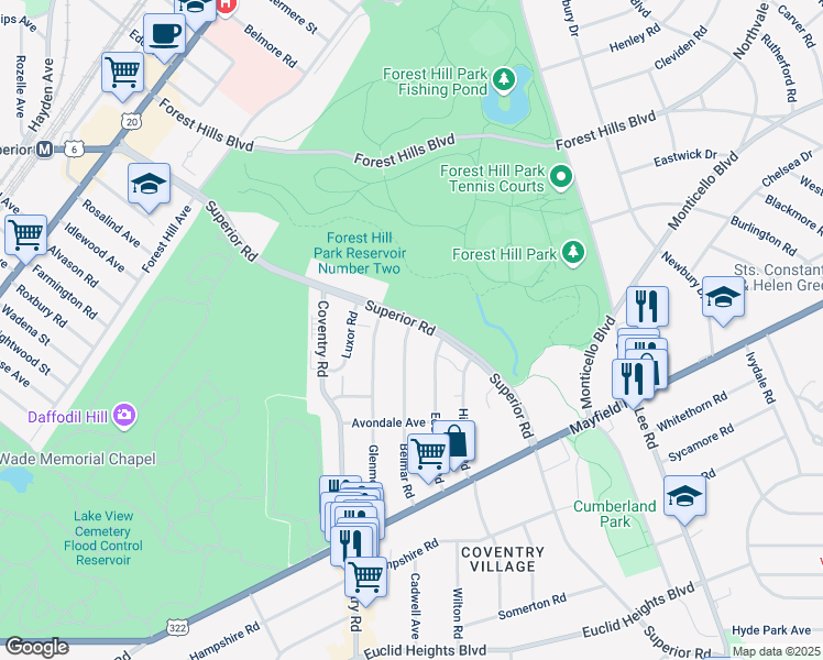 map of restaurants, bars, coffee shops, grocery stores, and more near 14074 Superior Road in East Cleveland