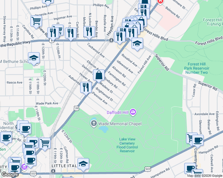 map of restaurants, bars, coffee shops, grocery stores, and more near 1830 Roxbury Road in East Cleveland