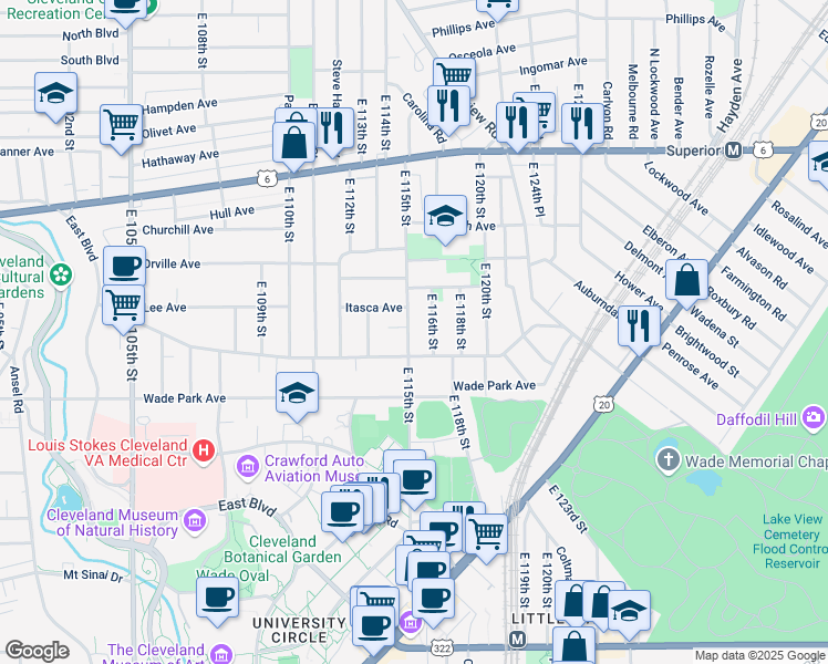 map of restaurants, bars, coffee shops, grocery stores, and more near 1447 East 115th Street in Cleveland