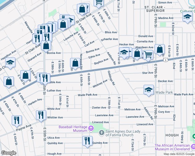 map of restaurants, bars, coffee shops, grocery stores, and more near 6712 Superior Avenue in Cleveland