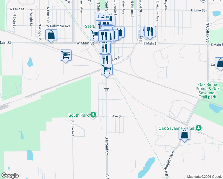 map of restaurants, bars, coffee shops, grocery stores, and more near 245 South Broad Street in Griffith
