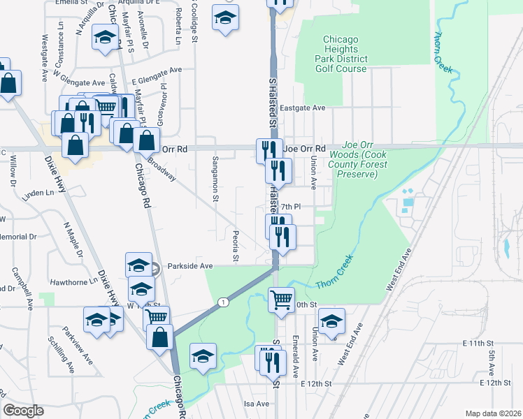map of restaurants, bars, coffee shops, grocery stores, and more near 700 South Halsted Street in Chicago Heights