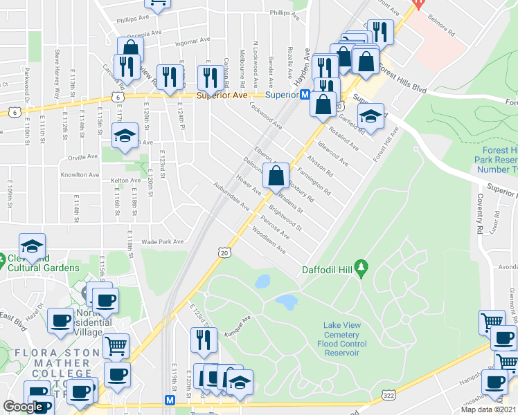 map of restaurants, bars, coffee shops, grocery stores, and more near 12621 Euclid Avenue in Cleveland