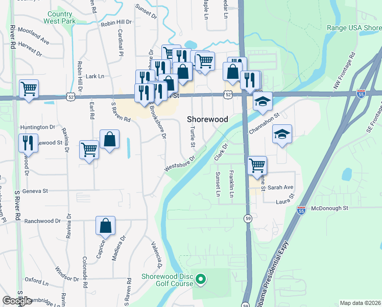 map of restaurants, bars, coffee shops, grocery stores, and more near 604 Westshore Drive in Shorewood