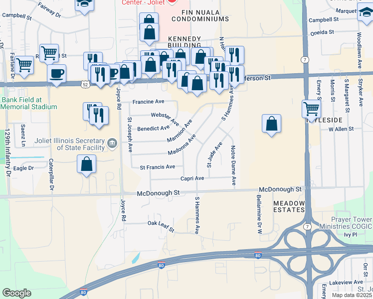 map of restaurants, bars, coffee shops, grocery stores, and more near 200 Romayne Avenue in Joliet