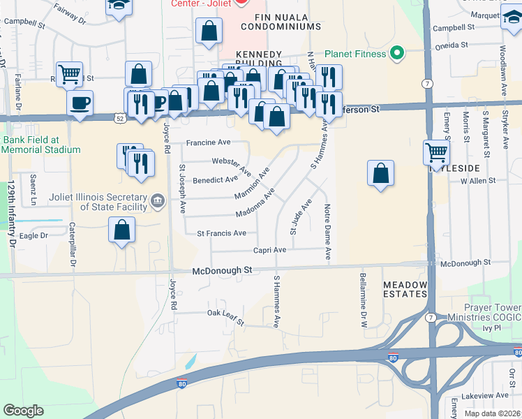 map of restaurants, bars, coffee shops, grocery stores, and more near 200 Romayne Avenue in Joliet