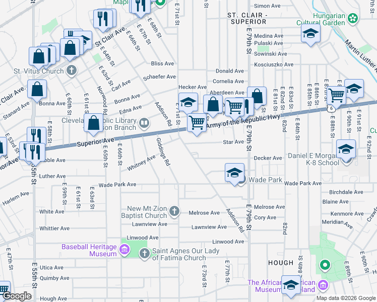 map of restaurants, bars, coffee shops, grocery stores, and more near 1350 Addison Road in Cleveland