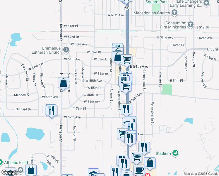 map of restaurants, bars, coffee shops, grocery stores, and more near 300-310 W 55th Ave in Merrillville