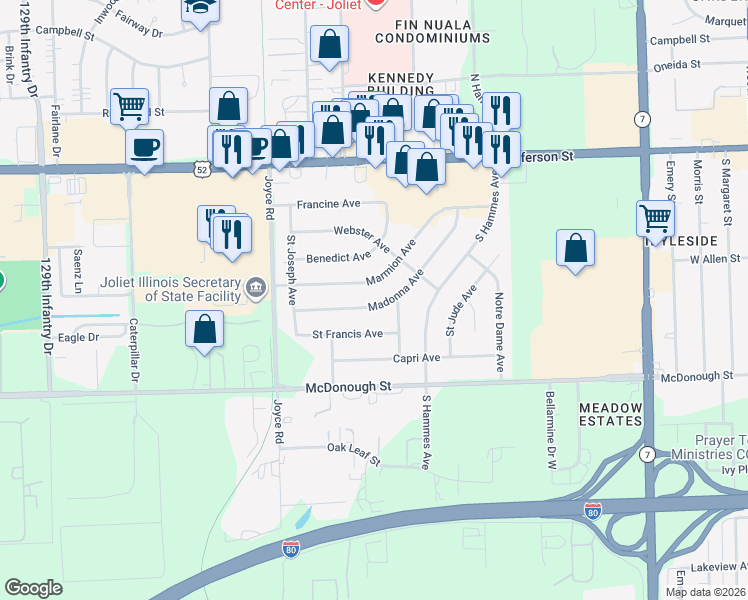 map of restaurants, bars, coffee shops, grocery stores, and more near 2204 Marmion Avenue in Joliet