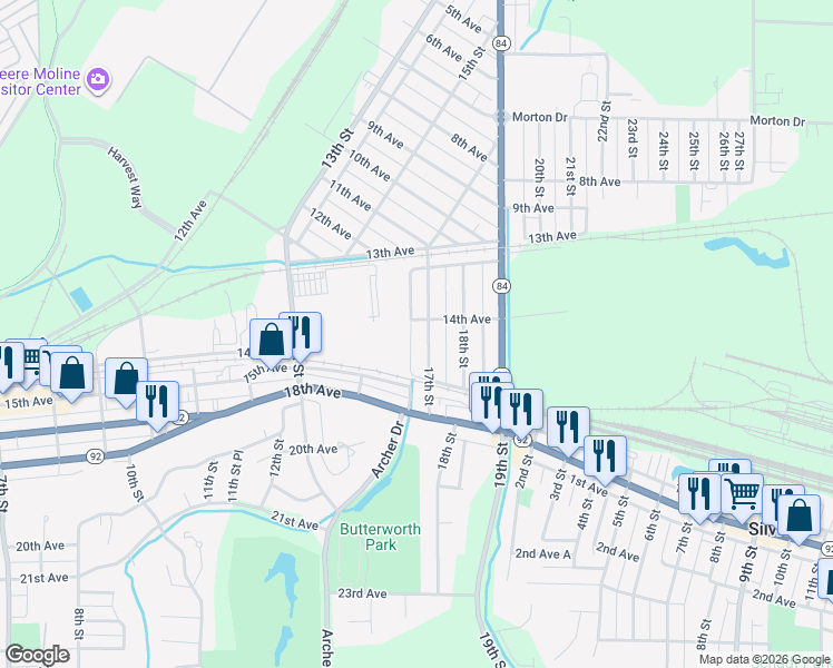 map of restaurants, bars, coffee shops, grocery stores, and more near 1347 17th Street in East Moline