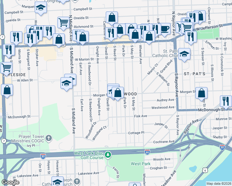 map of restaurants, bars, coffee shops, grocery stores, and more near 238 South Reed Street in Joliet
