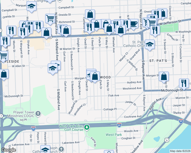 map of restaurants, bars, coffee shops, grocery stores, and more near 216 South Reed Street in Joliet