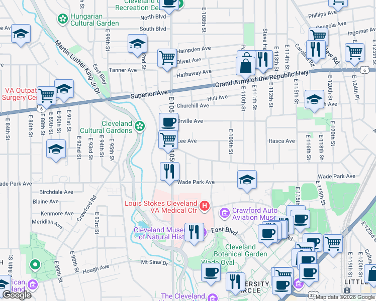 map of restaurants, bars, coffee shops, grocery stores, and more near 10628 Lee Avenue in Cleveland
