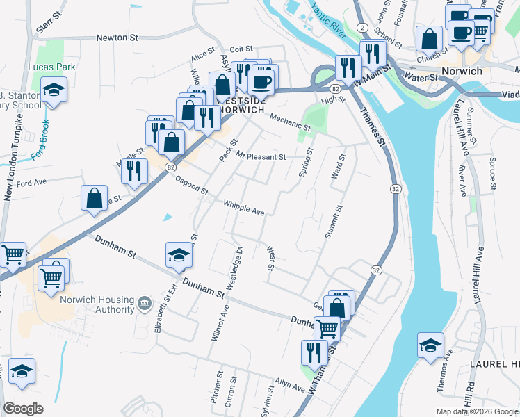 map of restaurants, bars, coffee shops, grocery stores, and more near 30 Benjamin Street in Norwich