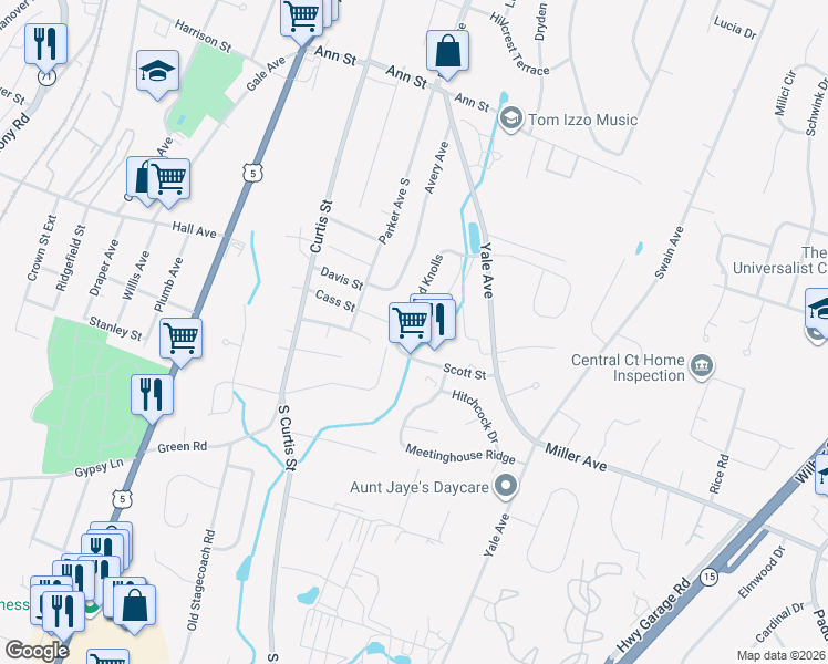 map of restaurants, bars, coffee shops, grocery stores, and more near 68 Westwood Knolls in Meriden