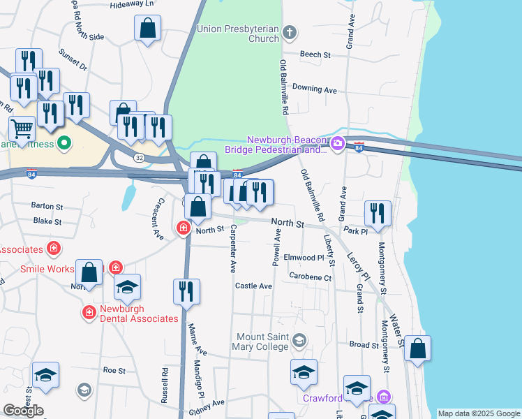 map of restaurants, bars, coffee shops, grocery stores, and more near 16 East Stone Street in Newburgh