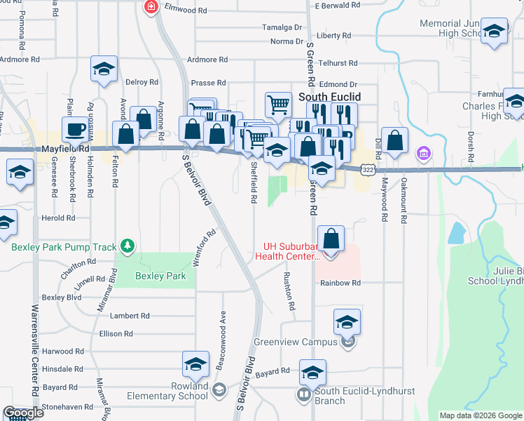 map of restaurants, bars, coffee shops, grocery stores, and more near 1521 Sheffield Road in South Euclid