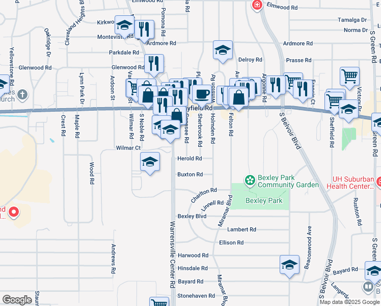 map of restaurants, bars, coffee shops, grocery stores, and more near 1520 Genesee Road in South Euclid