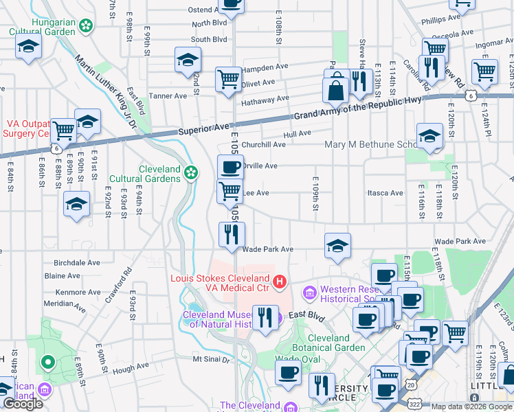 map of restaurants, bars, coffee shops, grocery stores, and more near 10628 Lee Avenue in Cleveland