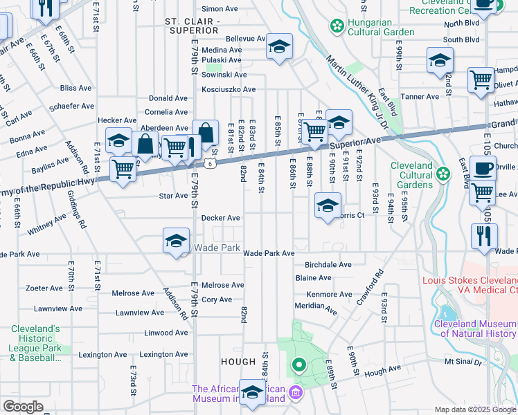 map of restaurants, bars, coffee shops, grocery stores, and more near 1357 East 82nd Street in Cleveland