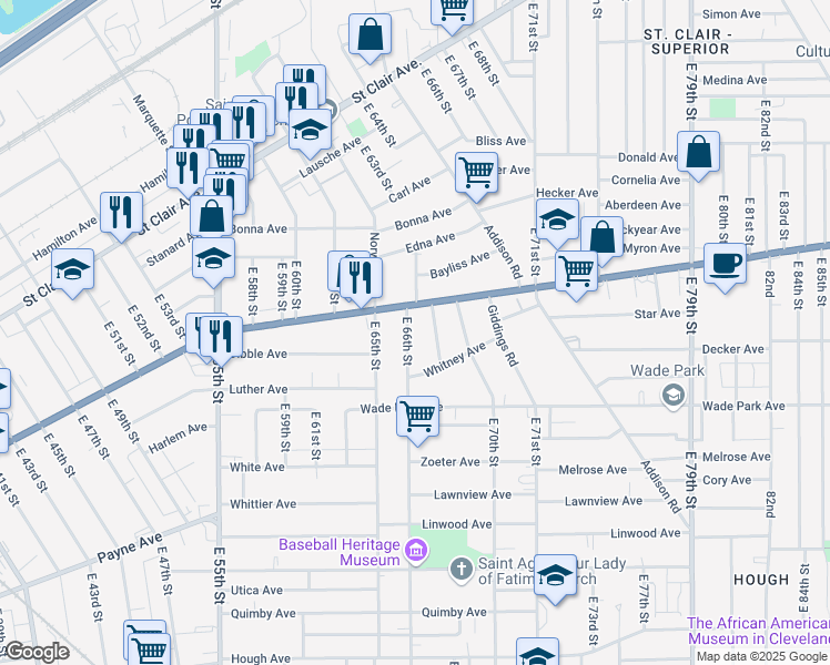 map of restaurants, bars, coffee shops, grocery stores, and more near 6522 Superior Avenue in Cleveland