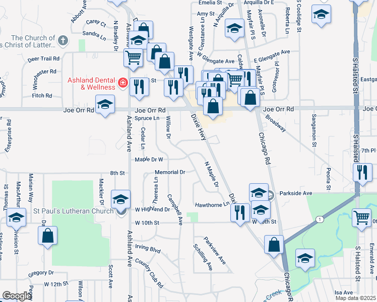 map of restaurants, bars, coffee shops, grocery stores, and more near 182 Linden Lane in Chicago Heights