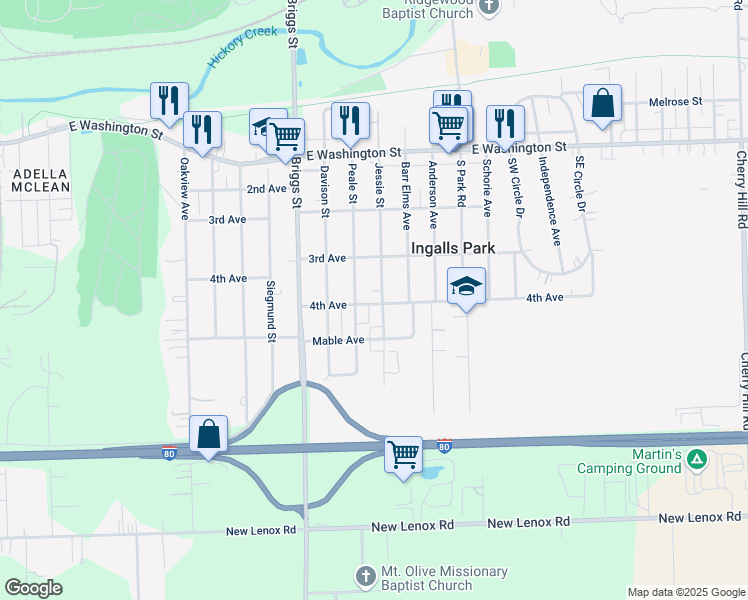 map of restaurants, bars, coffee shops, grocery stores, and more near 313 Jessie Street in Joliet