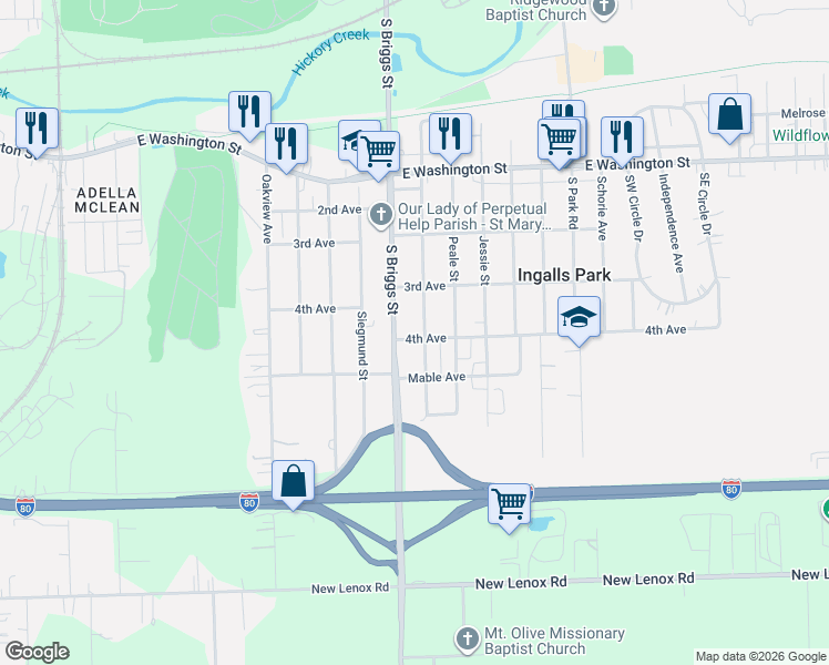 map of restaurants, bars, coffee shops, grocery stores, and more near 310 South Briggs Street in Joliet