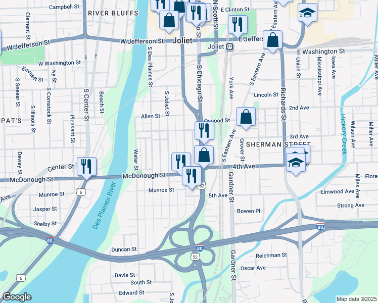 map of restaurants, bars, coffee shops, grocery stores, and more near 313 South Ottawa Street in Joliet
